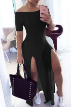 Черное сексуальное повседневное однотонное платье с коротким рукавом и разрезом на плече