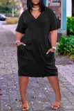 Schwarzes, modisches, lässiges, solides, kurzärmliges Kleid mit V-Ausschnitt