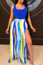 Blauwe sexy print hoge opening onregelmatige jurk jurken