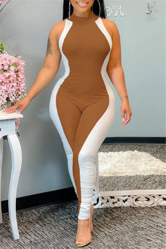 Khaki Fashion Casual Patchwork Basic O Neck Regular Jumpsuits