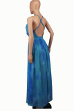 Blue Sexy Casual Print Backless V Neck Sling Dress