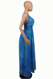 Blue Sexy Casual Print Backless V Neck Sling Dress
