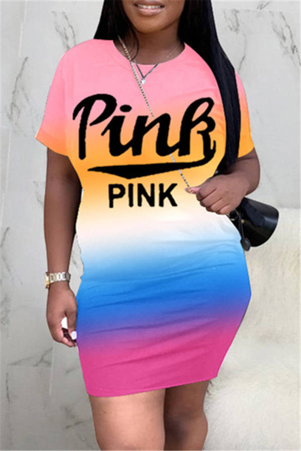 Vestidos de lápiz con cuello en O básicos con estampado de letras informales de moda rosa