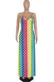 Multi-color Fashion Sexy Spaghetti Strap Sleeveless Slip Pleated Floor-Length Print asymmetrical Patchwork