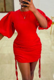 Красное модное сексуальное однотонное базовое платье с круглым вырезом и коротким рукавом