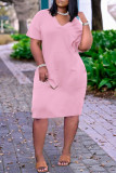 Розовое модное повседневное однотонное базовое платье с v-образным вырезом и короткими рукавами