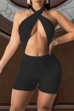 Black Sexy Solid Hollowed Out Backless Strap Design Halter Skinny Romper