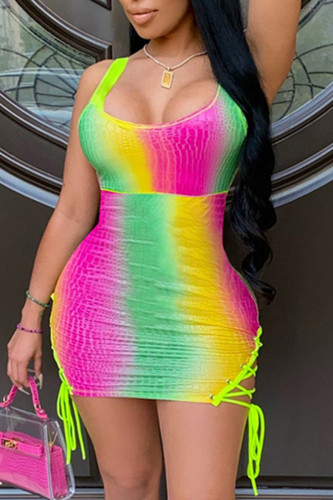 Rainbow Color Fashion Sexy Print Strap Design U Neck Vest Dress