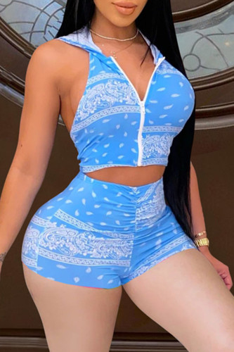 Light Blue Sexy Casual Print Backless Hooded Collar Sleeveless Two Pieces