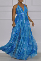Blaues, sexy, lässiges, rückenfreies Sling-Kleid mit V-Ausschnitt