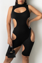 Macacão skinny preto fashion sexy sólido vazado com gola alta