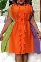 Orange Fashion Casual Patchwork Basic O-Ausschnitt Kurzarmkleid