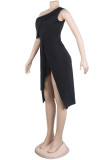 ブラックファッションセクシーなソリッドバックレス非対称斜め襟ノースリーブドレス