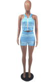 Light Blue Sexy Casual Print Backless Hooded Collar Sleeveless Two Pieces