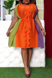 Оранжевое модное повседневное лоскутное базовое платье с круглым вырезом и короткими рукавами