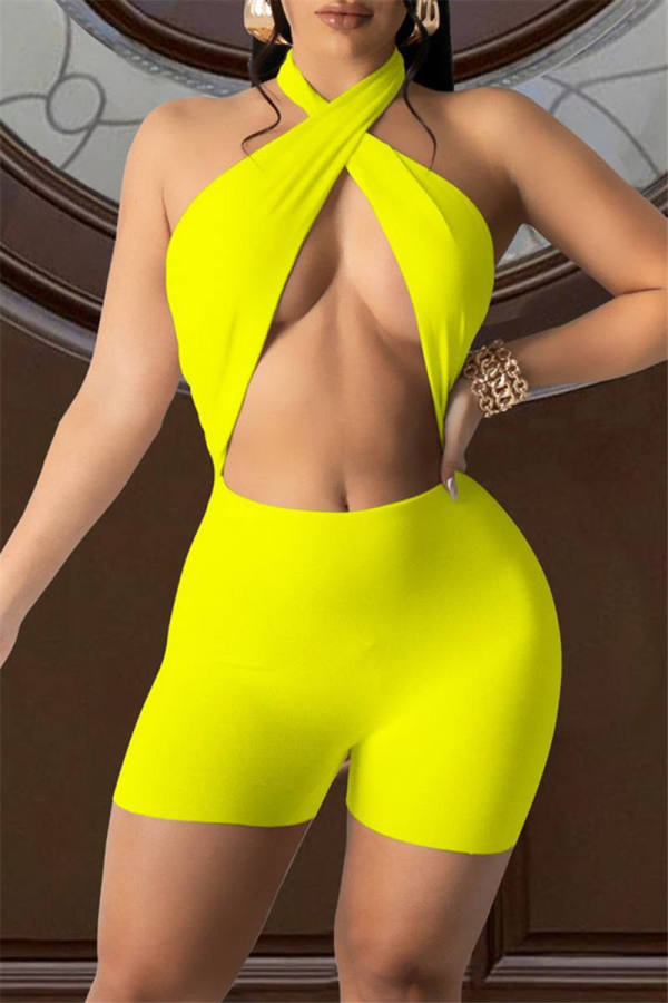 Yellow Sexy Solid Hollowed Out Backless Strap Design Halter Skinny Romper