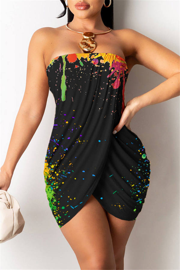 Многоцветный сексуальный принт с открытой спиной Асимметричное платье без бретелек без рукавов