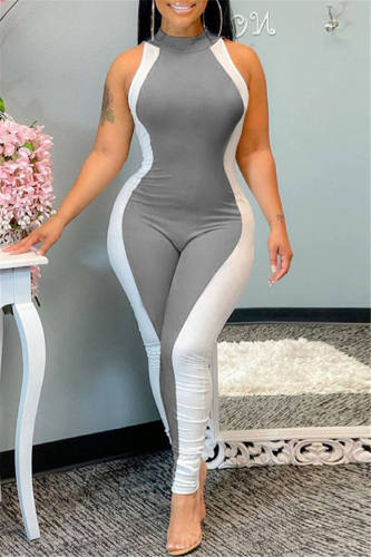Grey Fashion Casual Patchwork Basic O Neck Regular Jumpsuits