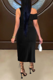 Zwarte mode sexy effen rugloze asymmetrische schuine kraag mouwloze jurk