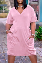 Vestido de manga corta con cuello en V básico sólido informal de moda rosa