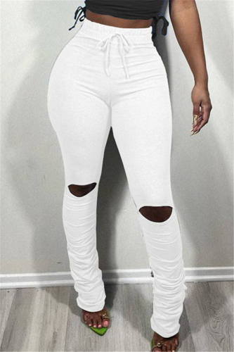 White Fashion Casual Solid Ripped Fold Regular Mid Waist Trousers