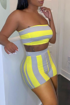 Yellow Sexy Striped Patchwork Off the Shoulder Sleeveless Two Pieces