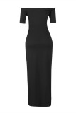 黒のセクシーなカジュアルなソリッドスリットオフショルダー半袖ドレス