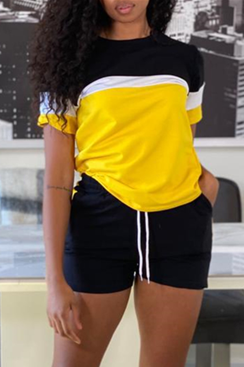 

Yellow Fashion Casual Patchwork Basic O Neck Short Sleeve Two Pieces