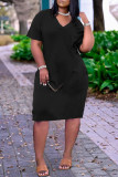 Schwarzes, modisches, lässiges, solides, kurzärmliges Kleid mit V-Ausschnitt