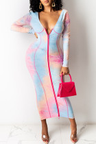 ピンクのファッションセクシーなプリントベーシックVネック長袖ドレス