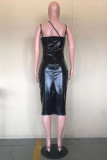 Zwarte sexy effen backless slit V-hals sling jurk
