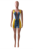 Yellow And Blue Sexy Casual Patchwork Strap Design O Neck Sleeveless Two Pieces