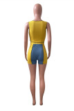 Yellow And Blue Sexy Casual Patchwork Strap Design O Neck Sleeveless Two Pieces