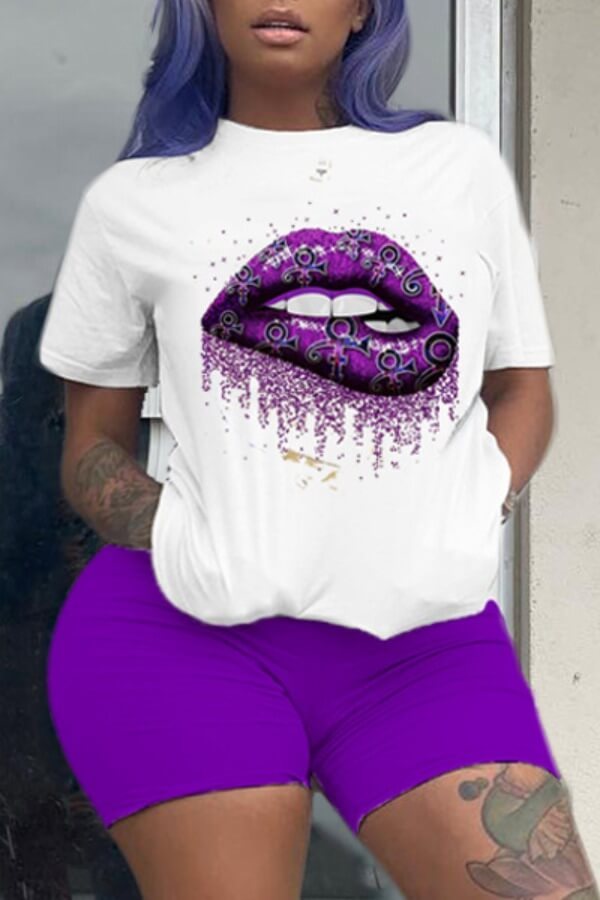 Фиолетовый Модная повседневная спортивная одежда с принтом и круглым вырезом Плюс размер Две части
