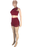 Burgundy Fashion Casual Solid Patchwork O Neck Sleeveless Two Pieces