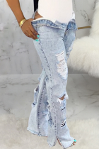 Baby Blue Casual Patchwork Mid Waist Boot Cut Flare Leg Ripped Denim Jeans