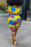 Yellow Sexy Print Patchwork Turndown Collar Plus Size Two Pieces