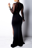Черное сексуальное платье с принтом и высоким вырезом в сеточку с круглым вырезом