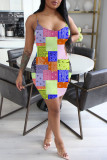 グリーンファッションカジュアルプリントバックレススパゲッティストラップノースリーブドレスドレス