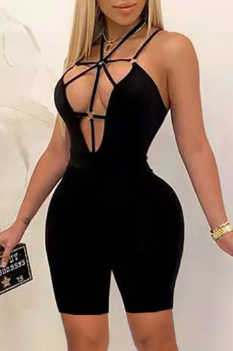 Black Fashion Sexy Solid Hollowed Out Backless Spaghetti Strap Skinny Romper