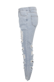 Babyblaue, lässige, zerrissene Patchwork-Denim-Jeans mit mittlerer Taille und Stiefelschnitt