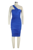 Blue Sexy Solid Patchwork One Shoulder Pencil Skirt Dresses
