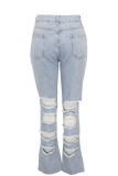 Jeans jeans azul bebê casual patchwork rasgado cintura média com corte de bota