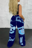 Royal Blue Fashion Casual Print Basic Normale broek met middelhoge taille