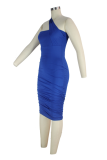 Blauwe sexy effen patchwork jurken met een schouderkokerrok