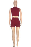 Burgundy Fashion Casual Solid Patchwork O Neck Sleeveless Two Pieces