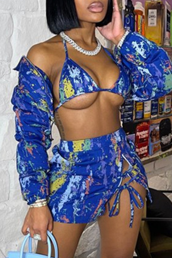 Павлиний синий модный сексуальный ремешок с принтом и длинным рукавом, комплект из трех предметов