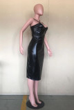 Zwarte sexy effen backless slit V-hals sling jurk