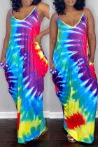 Blue Sexy Casual Rainbow Print Tie Dye Backless V Neck Sling Cami Loose Maxi Dress