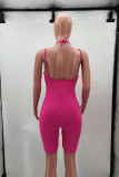 Macacão skinny rosa fashion sexy sólido vazado sem costas com alça de espaguete